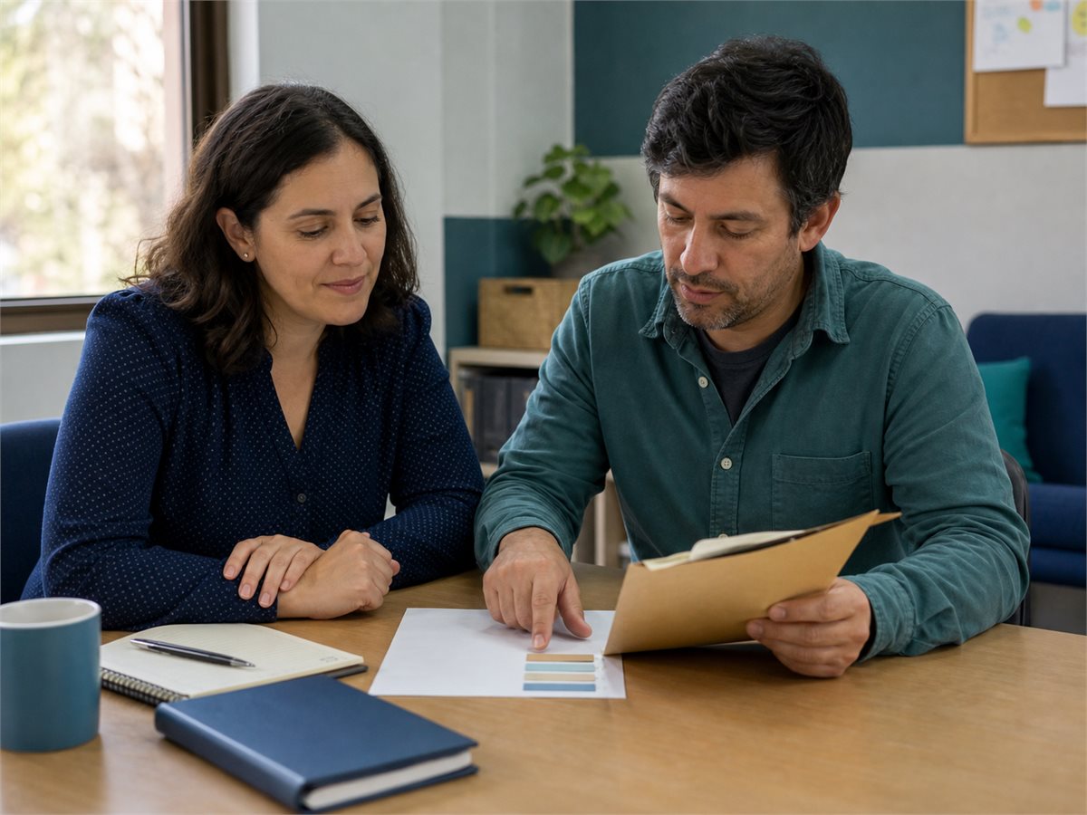 Persona y orientadora revisando antecedentes faltantes tras una resolución desfavorable