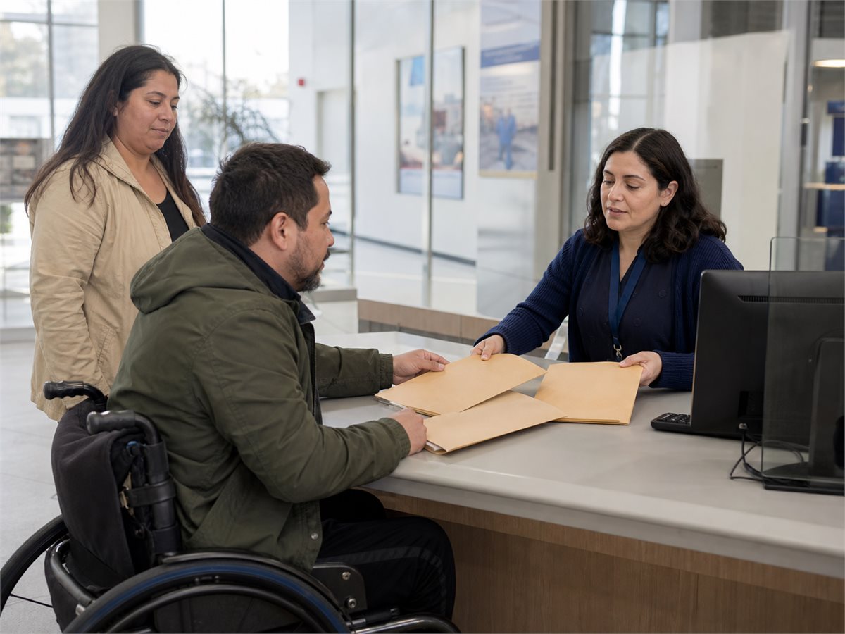 Persona revisando rutas de certificación y apoyos en un servicio público