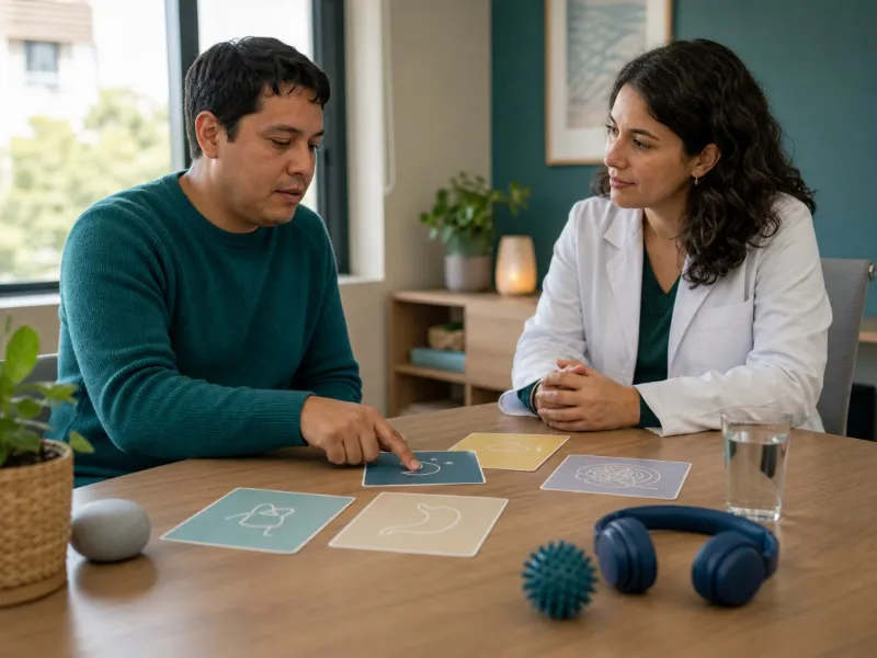Profesional y persona autista revisan sueño, ánimo, atención, dolor y salud física