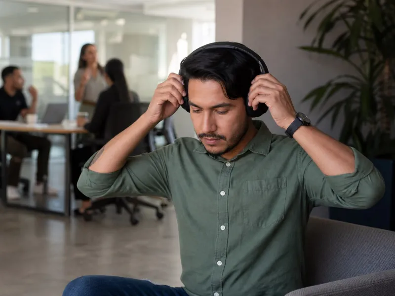 Adulto utiliza audífonos y un espacio tranquilo para regular la sobrecarga sensorial