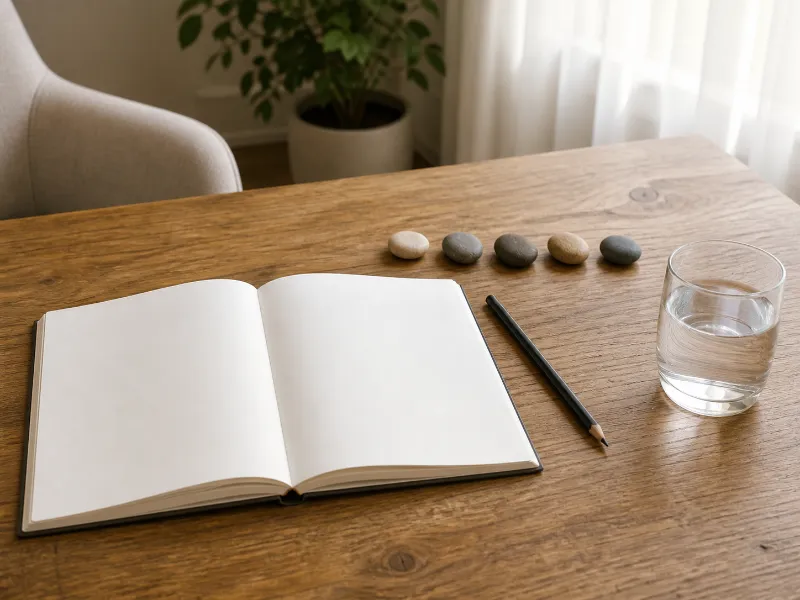 Cuaderno en blanco, lápiz, piedras y agua para organizar preguntas antes de una consulta