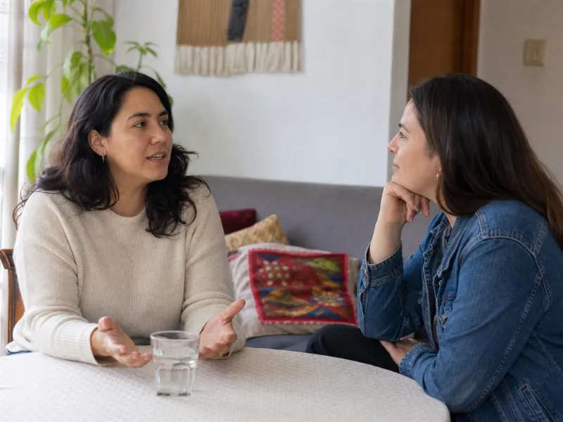 Conversaci&oacute;n de apoyo entre dos adultas con escucha, respeto y l&iacute;mites claros