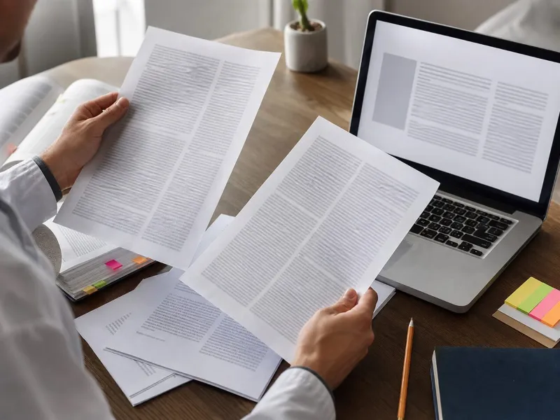 Profesional comparando gu&iacute;as cl&iacute;nicas y estudios para revisar la evidencia disponible