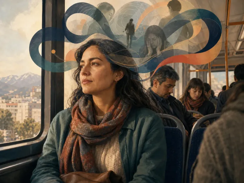 Adulta en transporte público con rituales mentales que no son visibles para otras personas