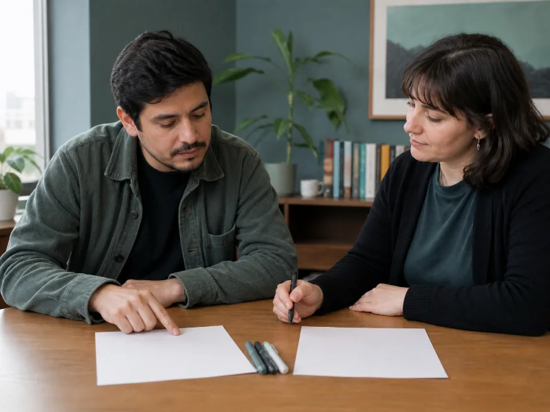 Paciente y profesional comparando dos líneas de tiempo durante el diagnóstico diferencial