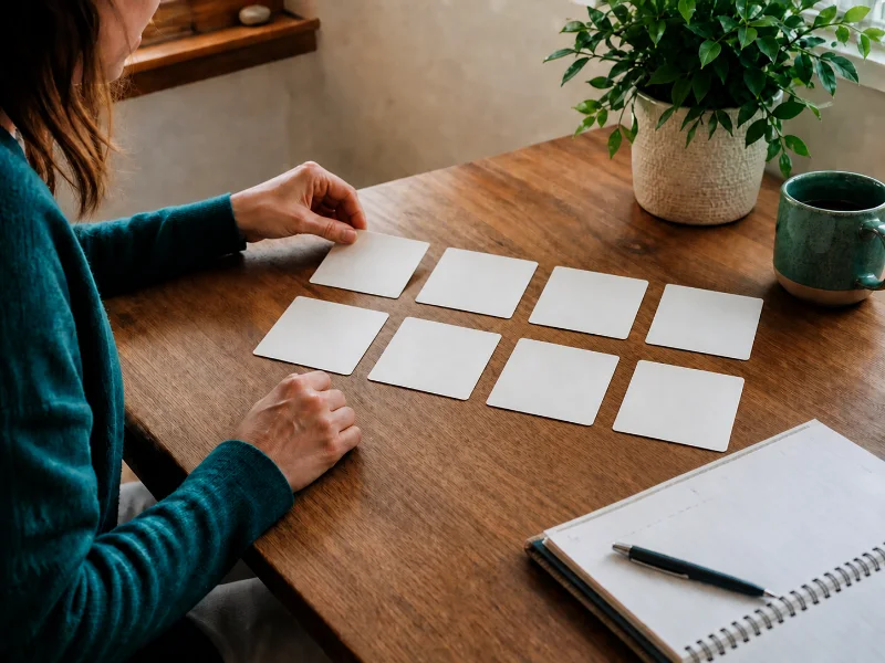 Persona ordenando ocho tarjetas para visualizar un plan flexible de recuperación