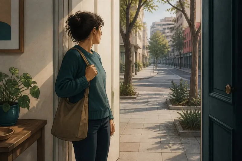 Persona adulta preparándose para salir de casa