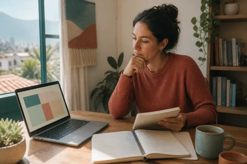 Adulta comparando información y tomando notas sobre agorafobia