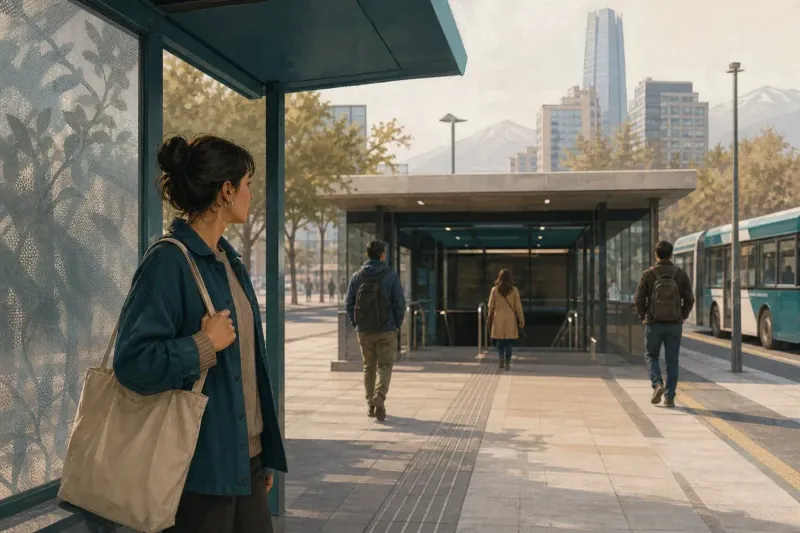 Persona adulta frente a una estación de transporte público