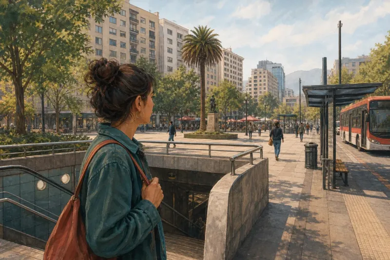 Adulta evaluando una ruta con transporte, plaza y espacios urbanos