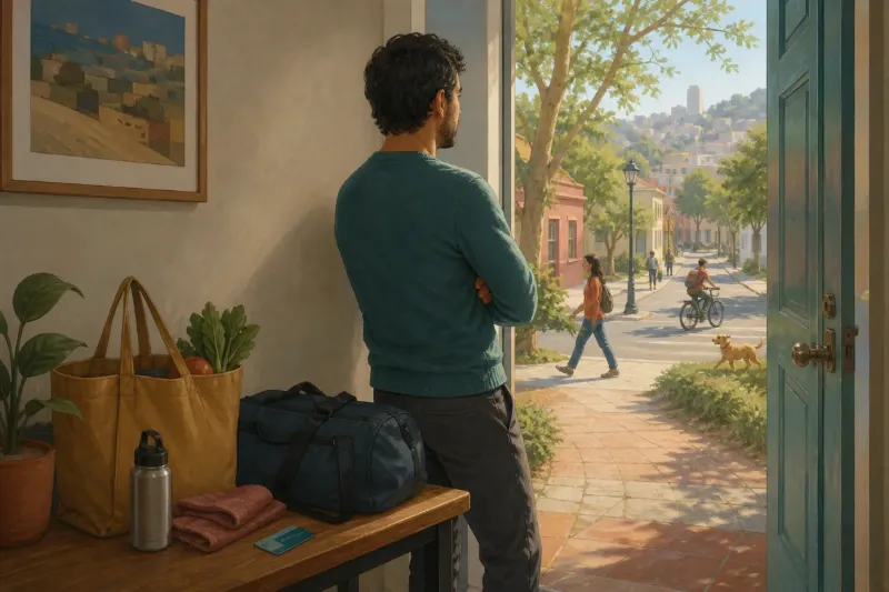 Adulto observa un barrio activo desde una puerta abierta