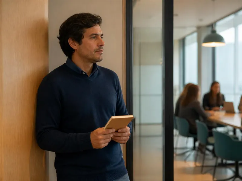 Persona adulta preparándose con calma antes de entrar a una reunión