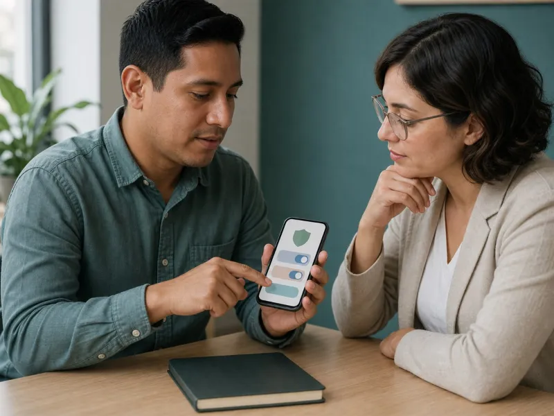 Paciente y profesional revisando juntos la privacidad de una aplicación