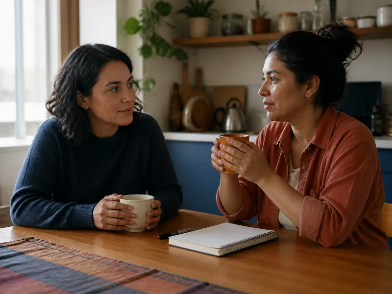 Dos personas adultas conversan en un entorno privado de apoyo