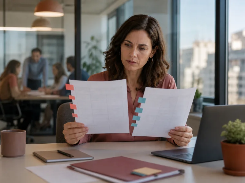 Trabajadora compara dos registros de tareas con indicaciones diferentes