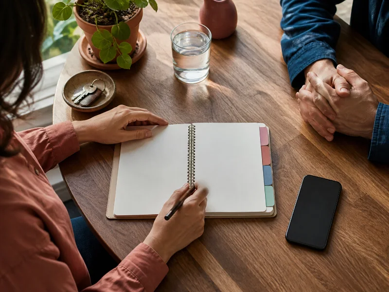 Persona organiza sus primeros pasos en un cuaderno junto a alguien de confianza