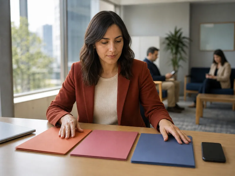 Trabajadora ordena carpetas distintas para elegir una ruta laboral, de salud u orientación