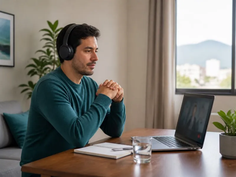 Persona adulta preparando en privado una consulta de salud mental por videollamada