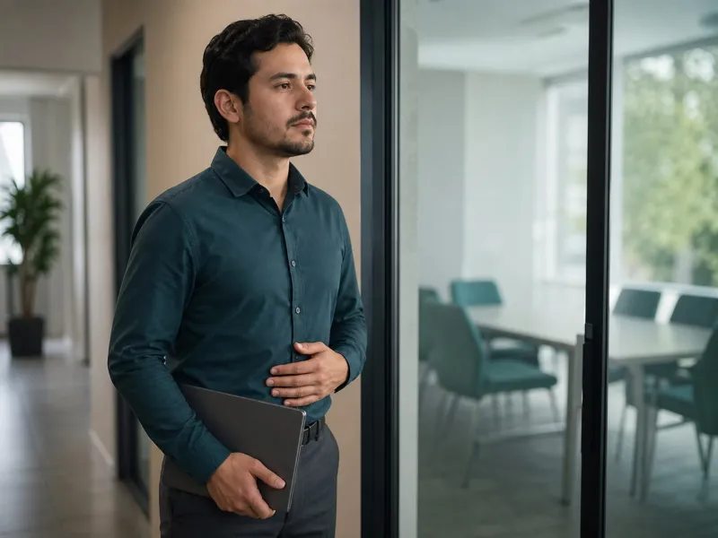 Persona adulta notando tensión anticipatoria antes de entrar a una reunión