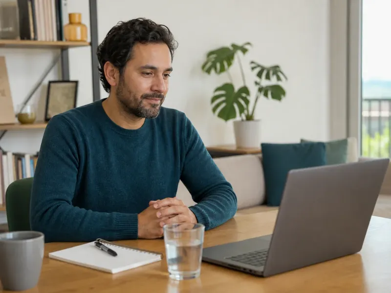 Persona adulta preparándose para una consulta de salud mental por videollamada