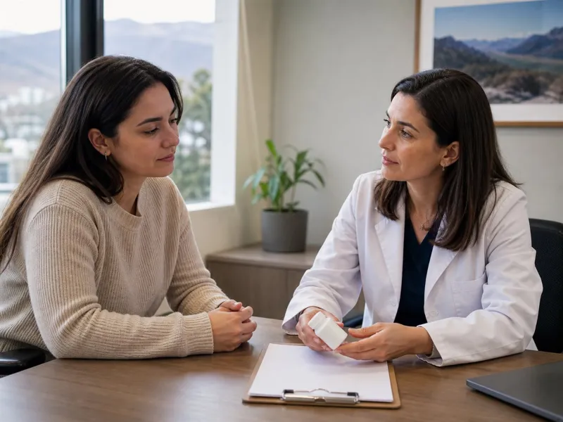 Paciente y médica revisan beneficios y riesgos de una opción farmacológica