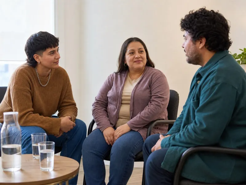 Personas adultas diversas conversan sin estigma sobre distintas presentaciones del trastorno por atracones