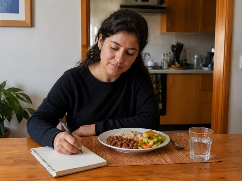 Persona adulta observa con calma su experiencia después de una comida cotidiana