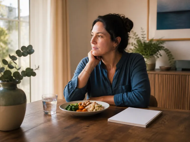 Persona adulta reflexionando con calma sobre su relación con la comida