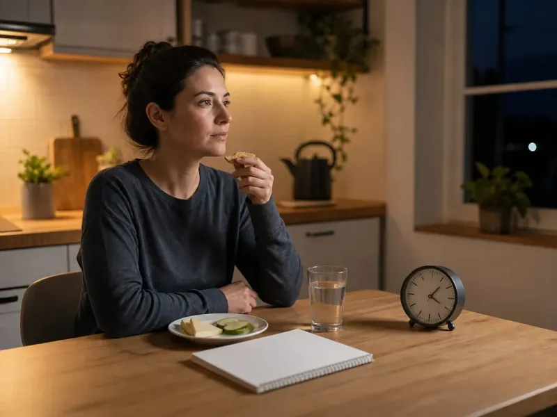 Persona adulta despierta que observa con calma su patrón de alimentación nocturna