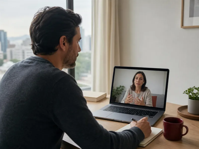 Adulto en una consulta psiquiátrica online desde su hogar