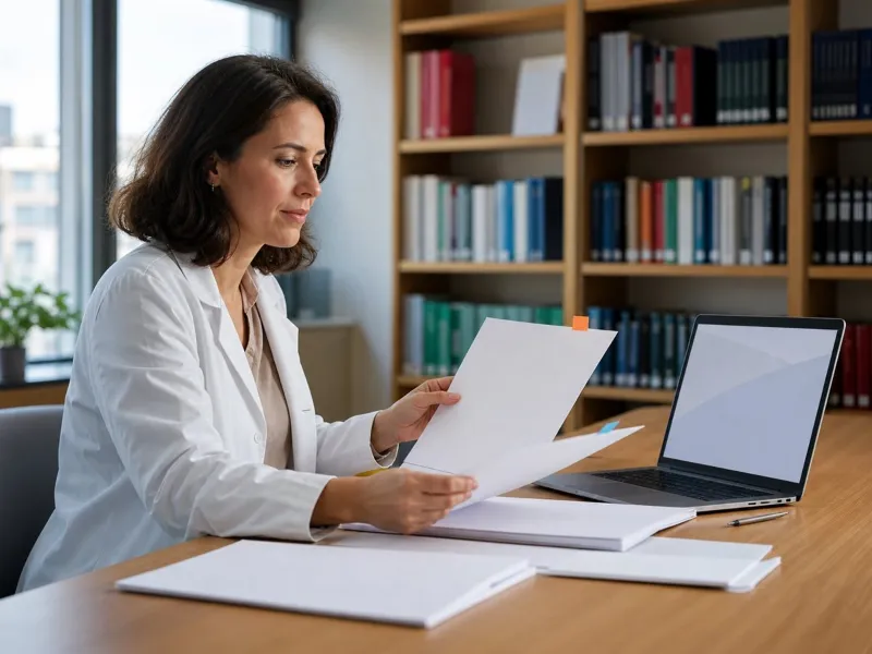 Profesional revisando guías clínicas e información científica actualizada