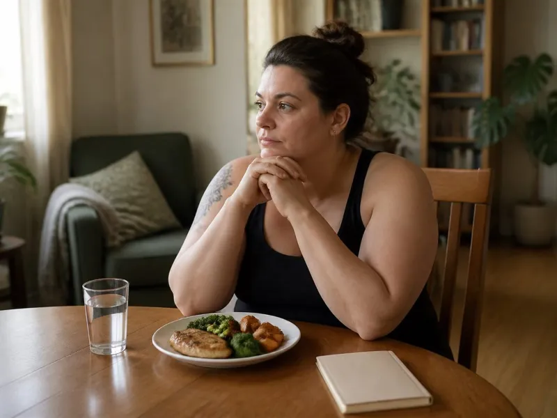 Persona adulta reflexionando con calma frente a una comida cotidiana
