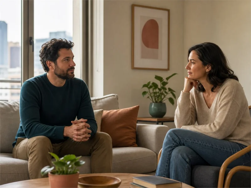 Dos personas adultas conversando con calma y respetando su espacio personal