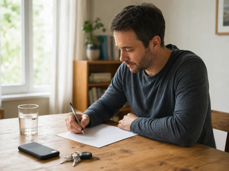 Adulto escribiendo un plan inicial con el teléfono apagado y apartado