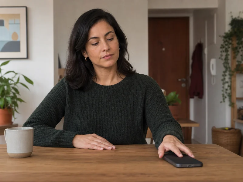Adulta reconociendo el impulso de revisar un teléfono y optando por hacer una pausa