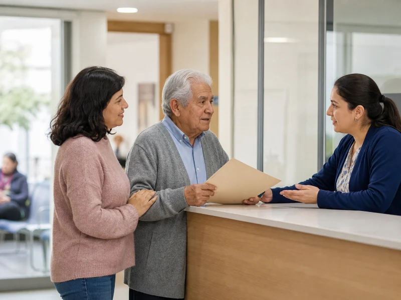 Persona mayor y familiar reciben orientación sobre los pasos de atención en un centro de salud