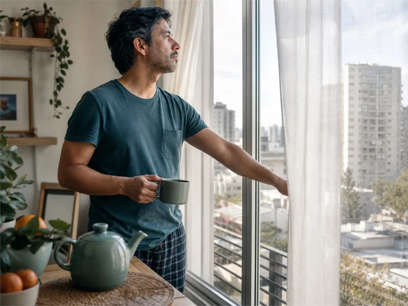Adulto abriendo las cortinas y retomando una rutina matinal durante la recuperación de la depresión