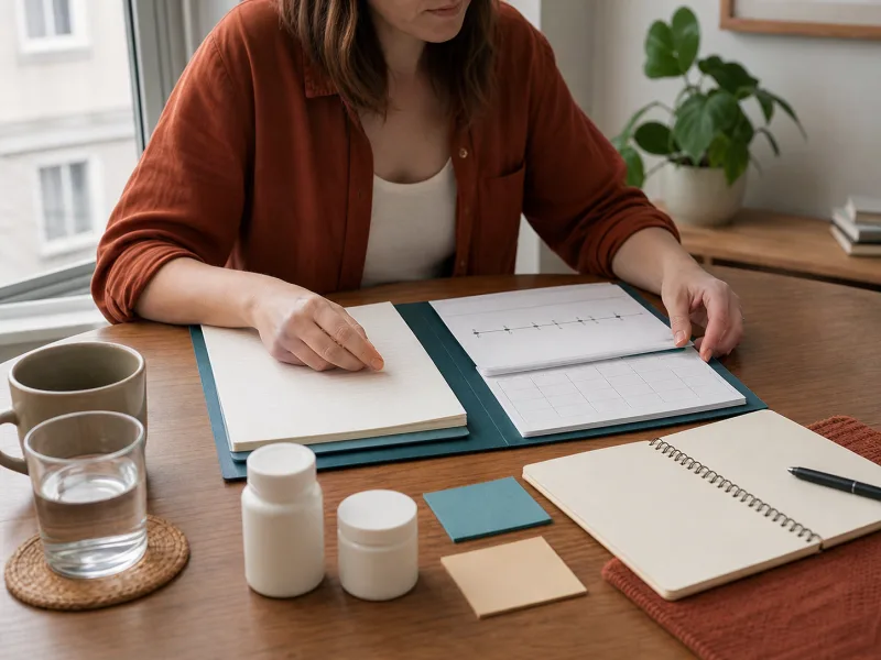 Persona preparando una cronología de síntomas, sueño y medicamentos antes de consultar