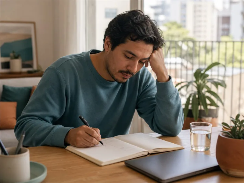 Adulto organizando una tarea en pasos pequeños durante una pausa de trabajo