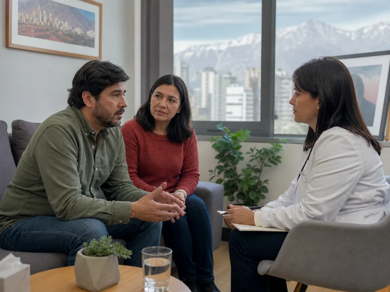 Persona describe delirios o voces en una evaluación psiquiátrica acompañada