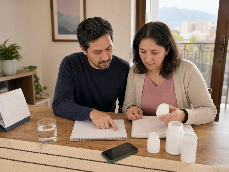 Persona y acompañante preparan antecedentes y medicamentos para la consulta