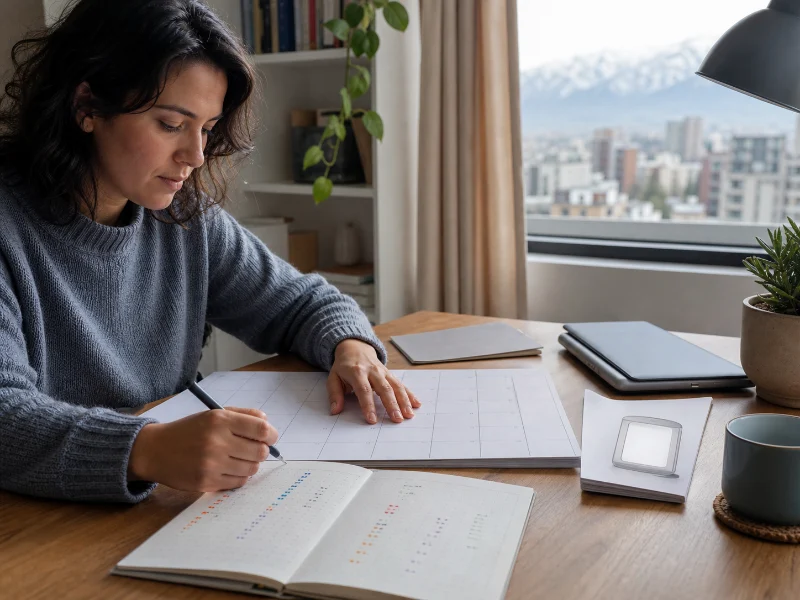 Adulta preparando un calendario estacional y un registro de sueño y ánimo antes de consultar