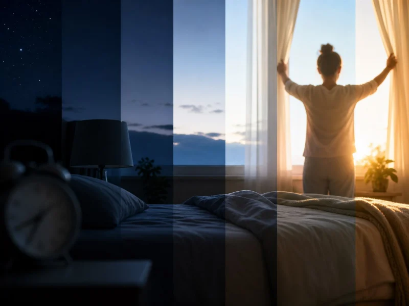 Transición visual desde la noche hasta la apertura de cortinas por la mañana