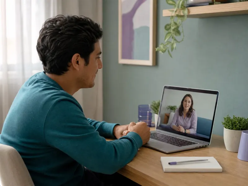 Persona adulta participa en una consulta confidencial de salud mental por videollamada