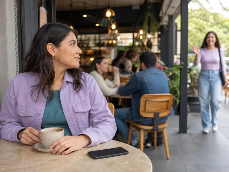 Persona dirige su atención desde el teléfono hacia una conversación y el entorno completo