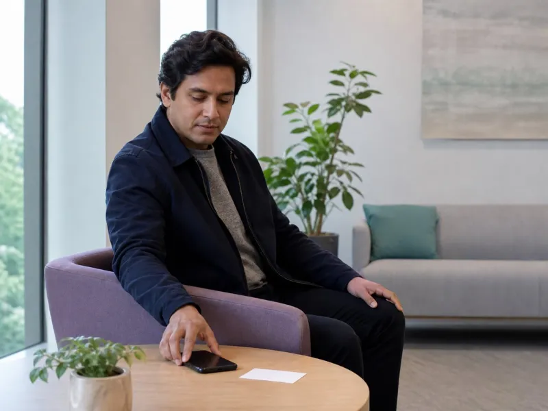 Persona hace una pausa reflexiva antes de decidir sobre una consulta estética electiva