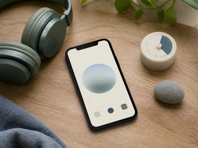 Teléfono sin marca con una guía visual simple de respiración junto a objetos de orientación
