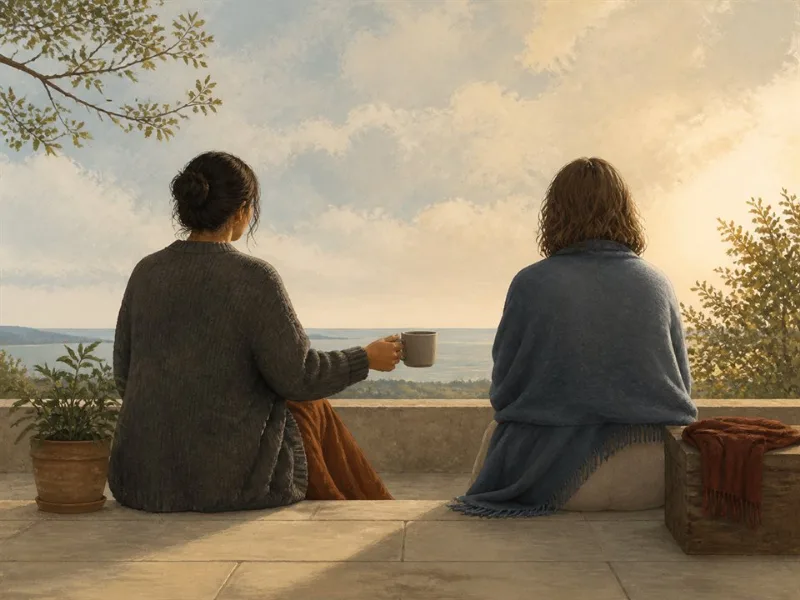 Dos personas sentadas con espacio respetuoso mientras una ofrece una taza