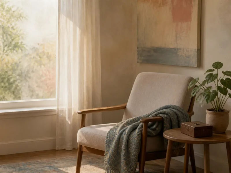 Sillón vacío junto a una ventana, como representación respetuosa de la ausencia y la memoria