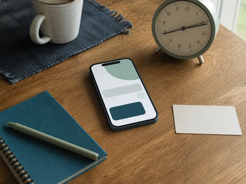 Teléfono con interfaz neutra junto a un cuaderno, reloj y tarjeta sin datos visibles